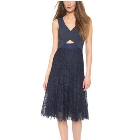 Rebecca Taylor Lace Cut Out Navy Floral Sleeveless Midi Dress Cotton BlendSize 4 - Picture 1 of 14